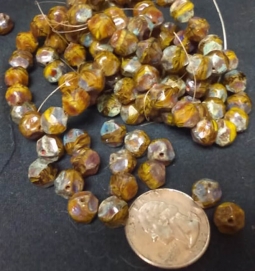 10mm Amber and Green Swirled Center Cut Picasso Beads