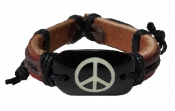 Peace Sign Adjustable Brown Leather Bracelet