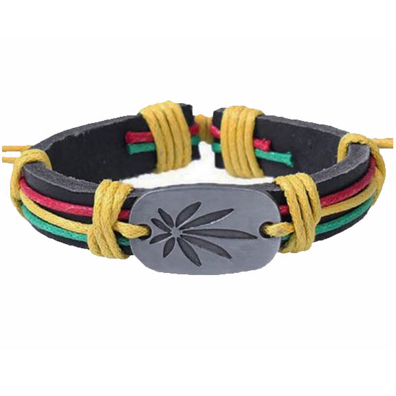 Rasta Leaf Adjustable Leather Bracelet: Woodstock Trading Company