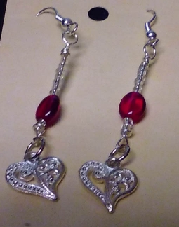 Heart Dangle Earrings With Red Beads